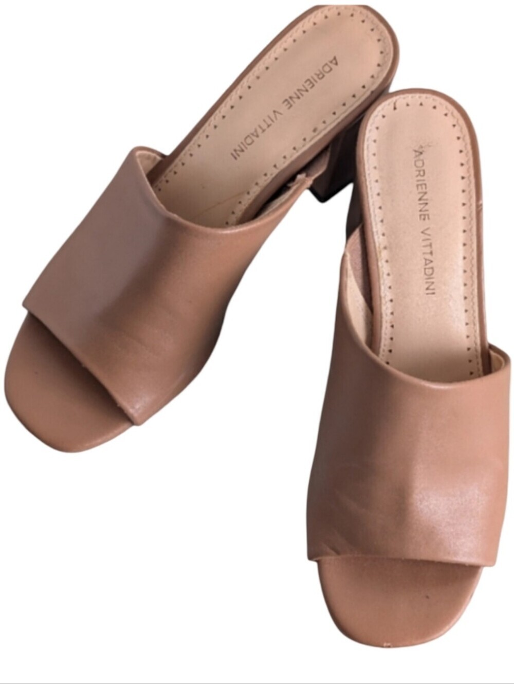 Adrienne Vittadini Albi Open Toe Block Heel Mules Size 7 - Nude/Tan Leather